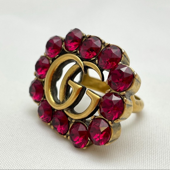 Gucci 605820 Gold Ruby Red Swarovski Crystal GG Marmont Logo Cocktail Ring SZ M - Picture 2 of 12